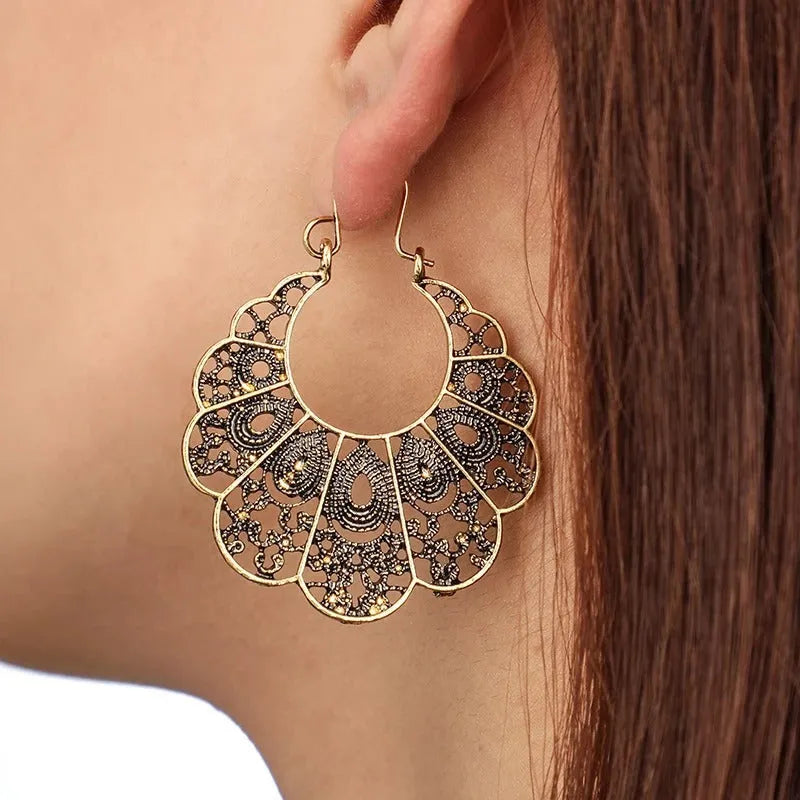 Bohemian ethnic earrings in geometric alloy with plated finish, women's fashion style A, one pair