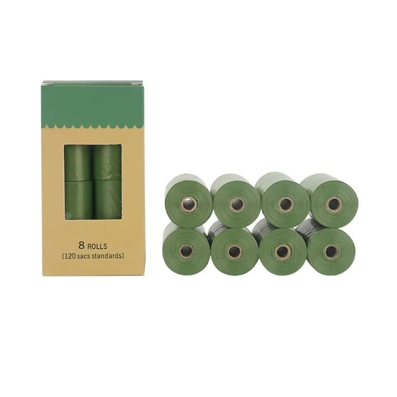 Roll of EPI degradable, thickened pet waste bags in green, shown with a lavender scent or unscented label option.