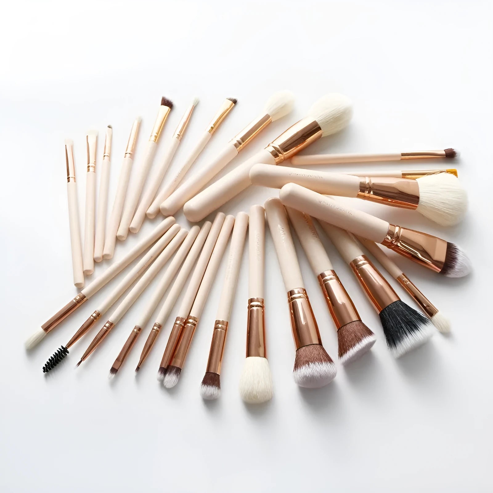 26-piece pink makeup brush set with wooden handles and a grey PU storage case, arranged open.