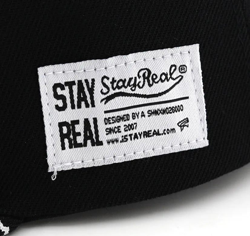 Adjustable cotton baseball cap with dome crown and letter embroidery in black or white
