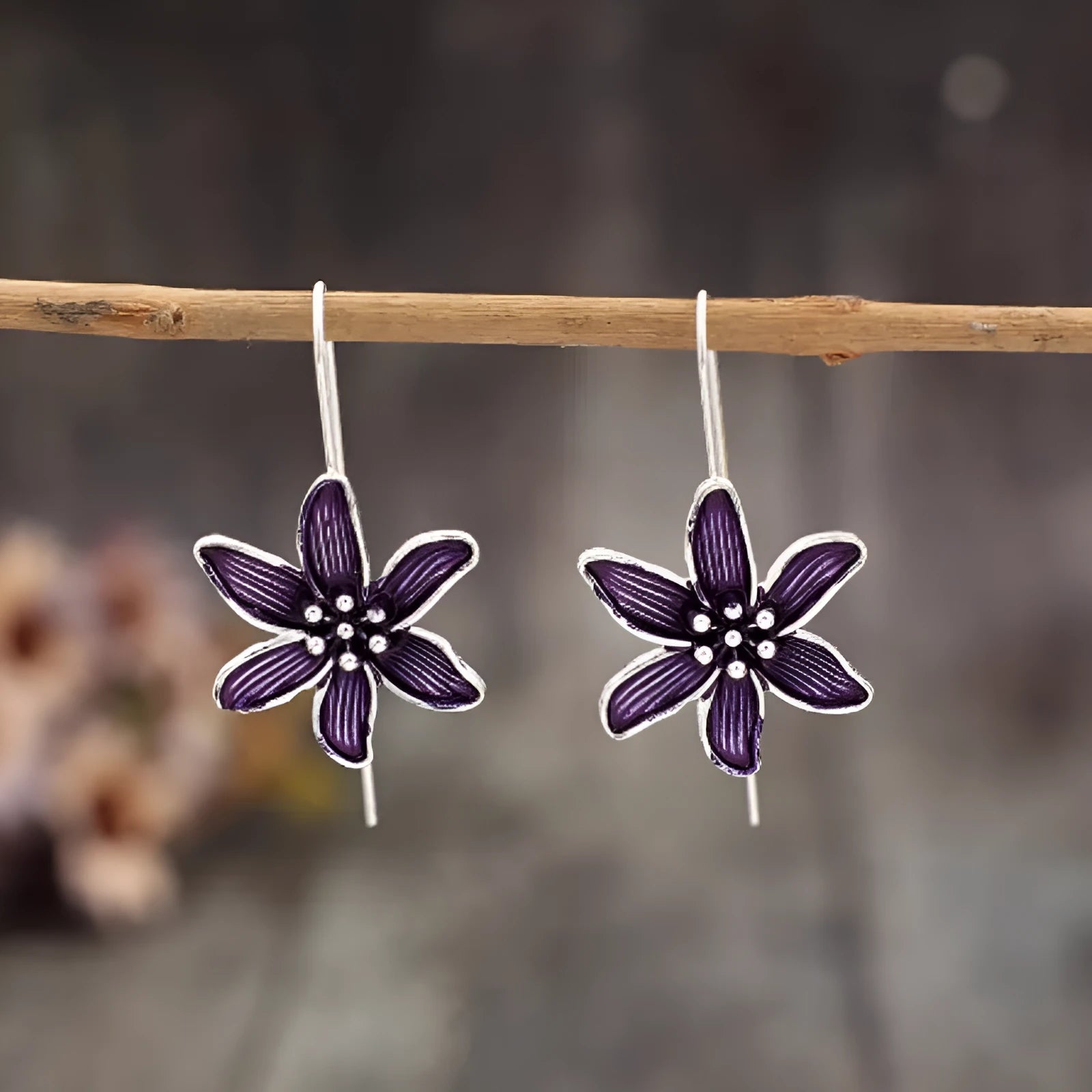Purple flower-shaped alloy stud earrings with retro design and nickel-free posts