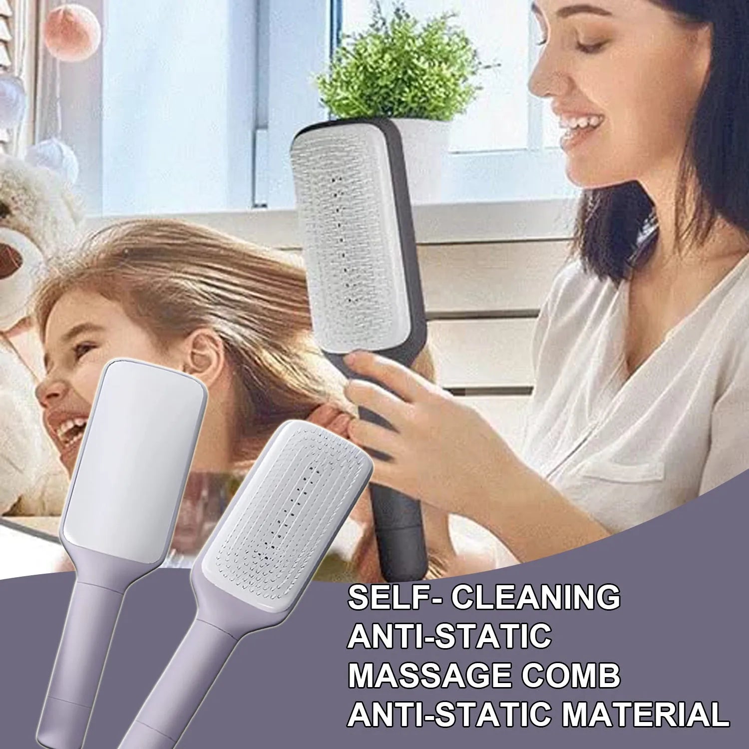Roland purple self-cleaning hair brush with anti-static massage comb showing telescopic cleaning mechanism