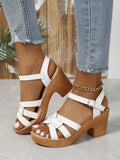 Plus size women's Roman peep toe sandals with chunky heel and ankle strap buckle in PU leather