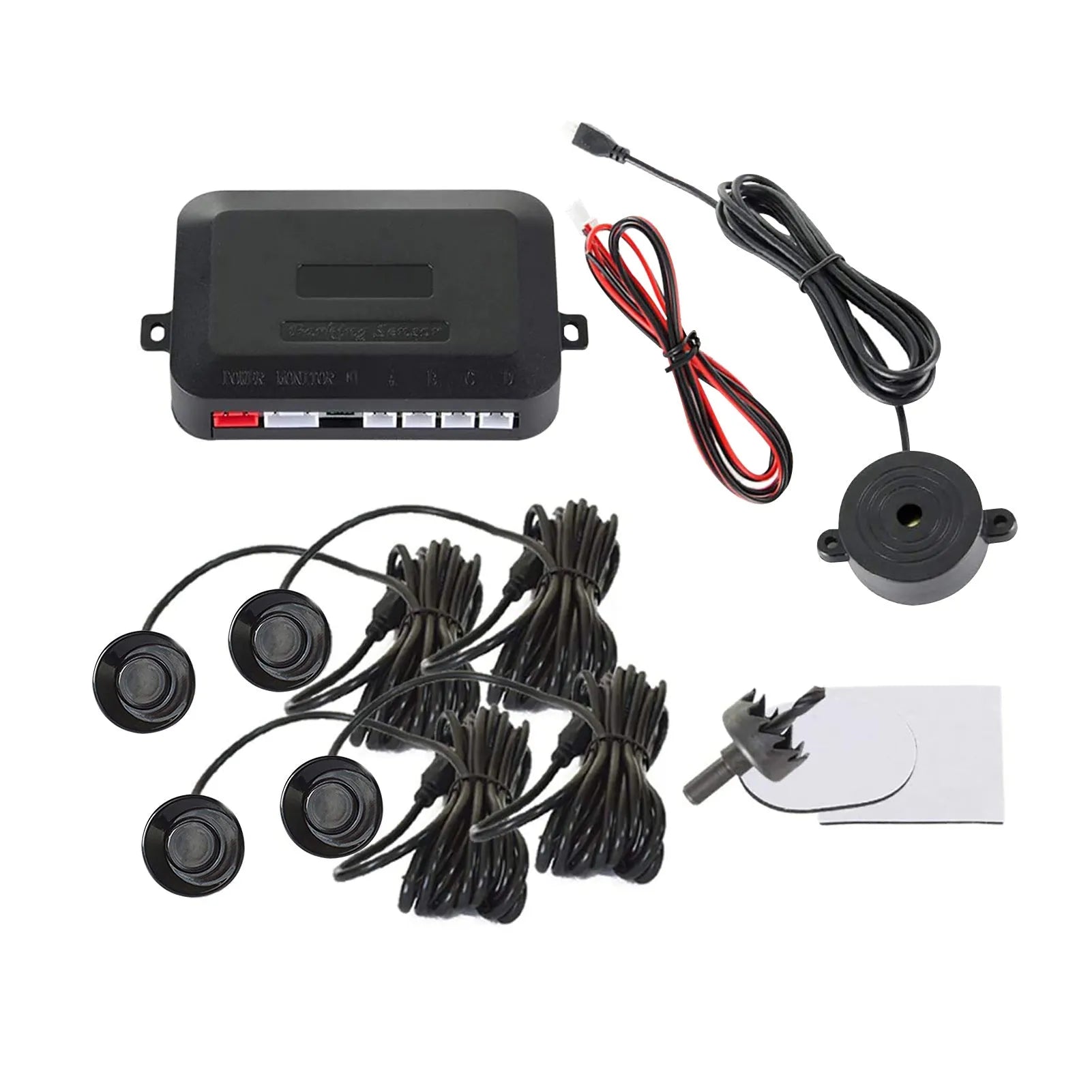 Four-sensor car reversing radar parking system with buzzer alert indicator and installation tools