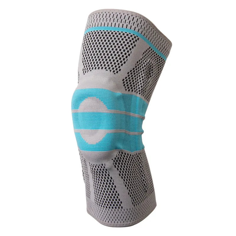 Sky blue elastic fibre silicone knee pad for sports protection, shown in S, M, L, XL sizes.