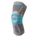 Sky blue elastic fibre silicone knee pad for sports protection, shown in S, M, L, XL sizes.
