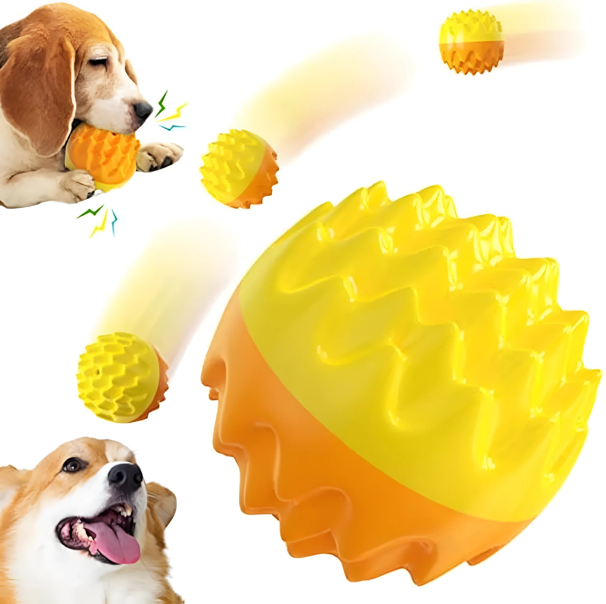 Blue and orange spiky rubber dog ball with dental cleaning texture and squeaker