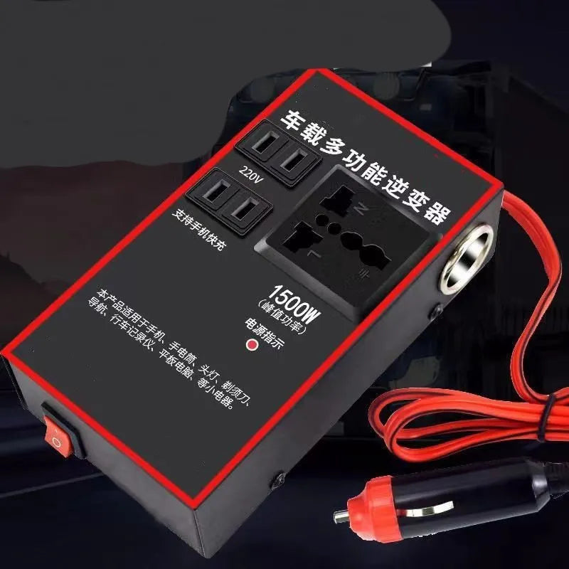 Black automotive power converter with 220V socket and four USB ports for car use