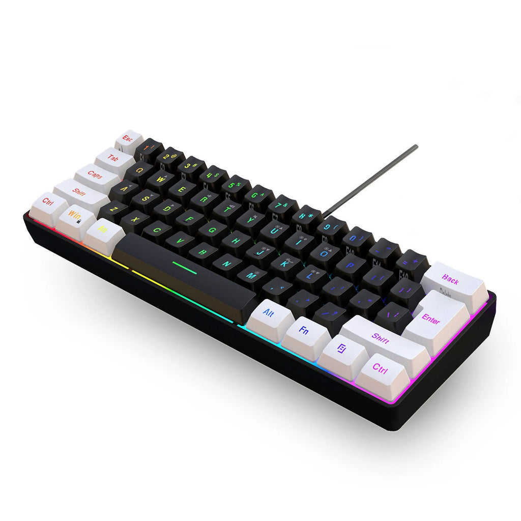 White and black 61 key wired membrane keyboard with compact design on desk