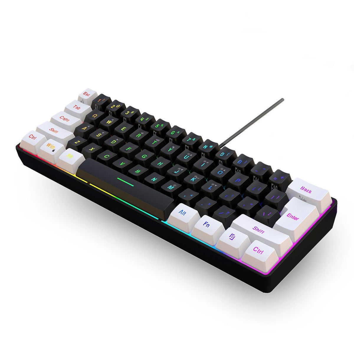 White and black 61 key wired membrane keyboard with compact design on desk