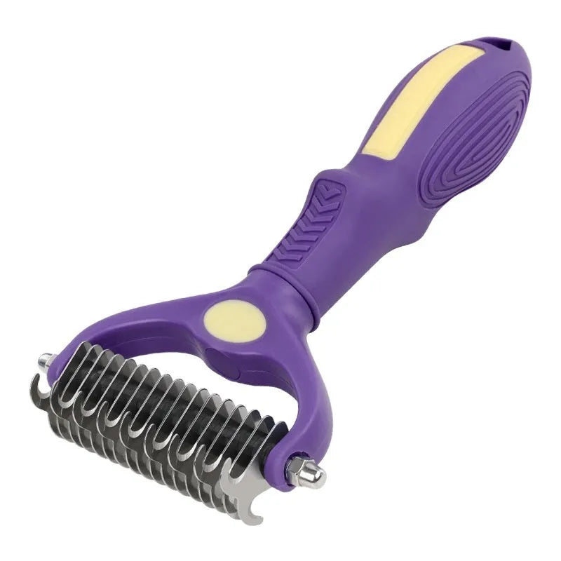 Purple double-sided plastic comb for removing knots from cat and dog fur during grooming