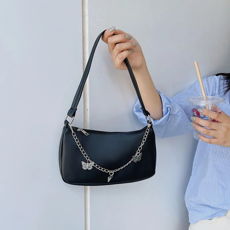 Fashion butterfly chain underarm bag in horizontal square shape with PU material and chain detail