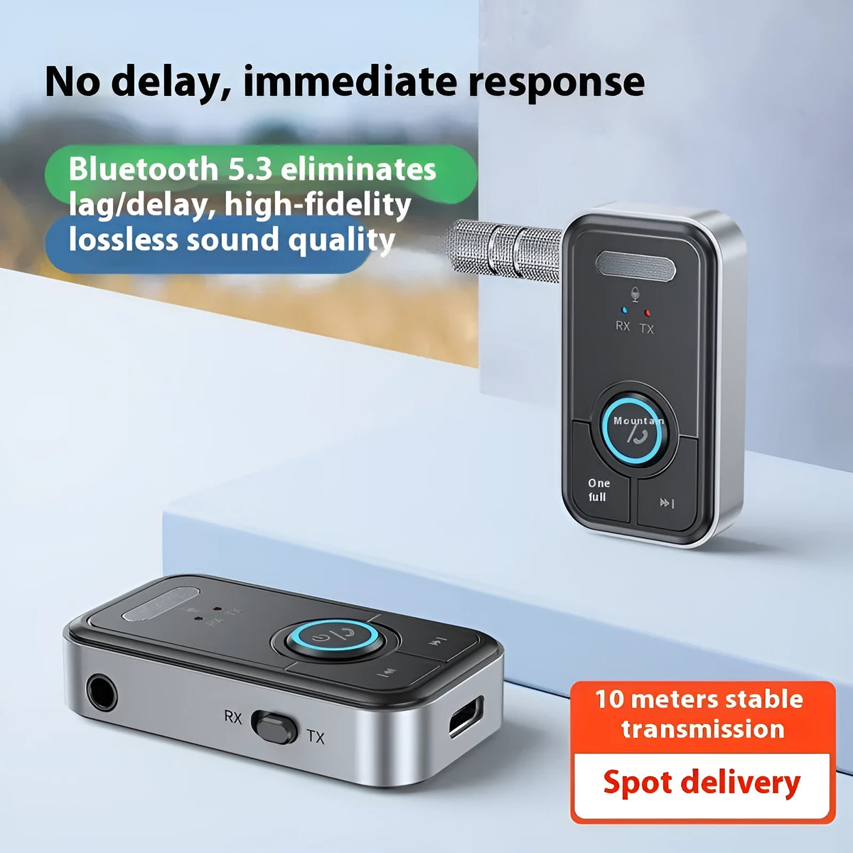 Multi-function Bluetooth 5.3 audio receiver transmitter with 3.5mm interface, Type-C, 300mAh battery, 57x33x13.5mm