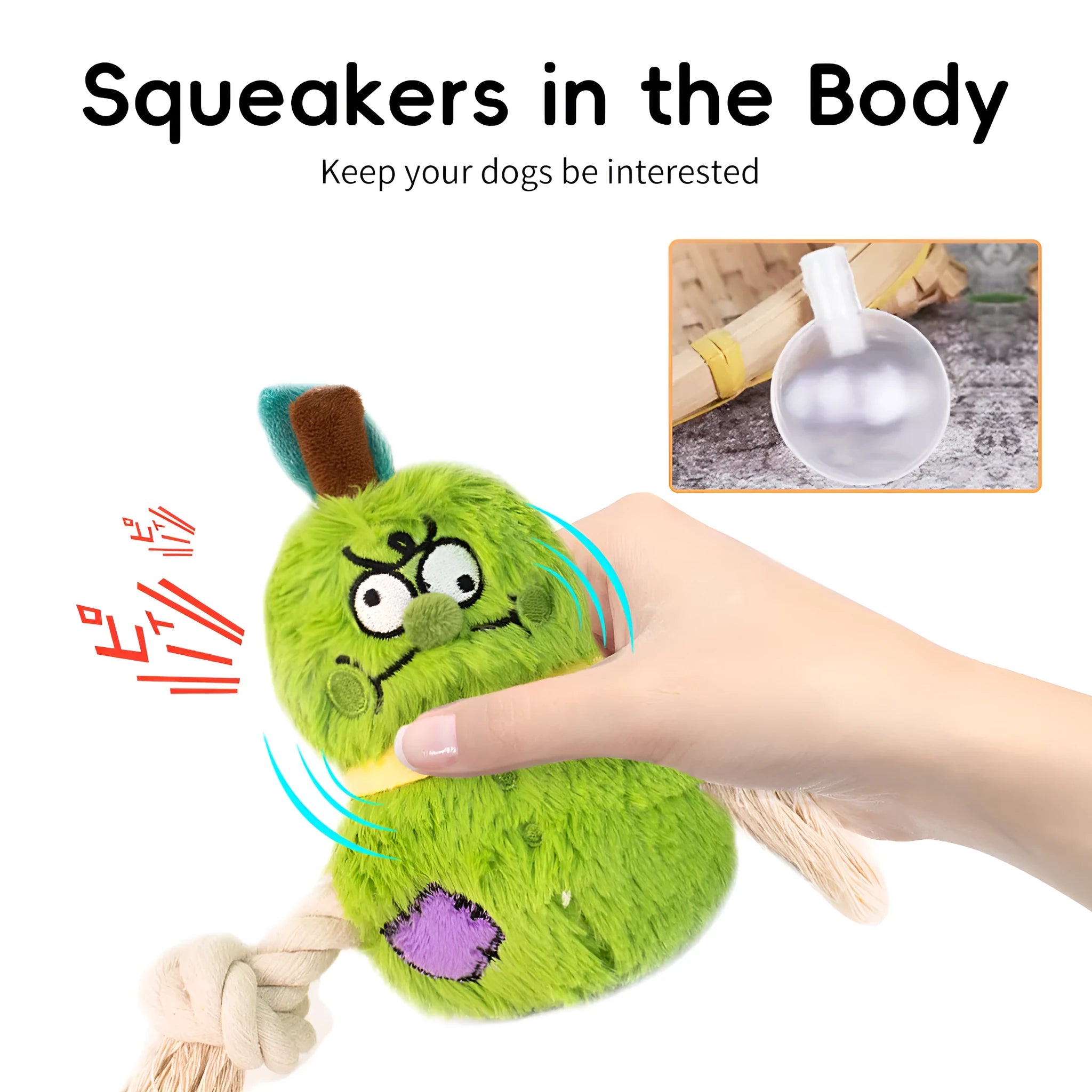Green and purple plush rope knot dog toy with molar tooth shape for tug of war games.