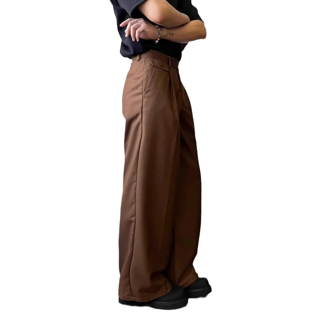 Men's straight-leg casual trousers in black or brown with wide-leg cut and polyester blend fabric