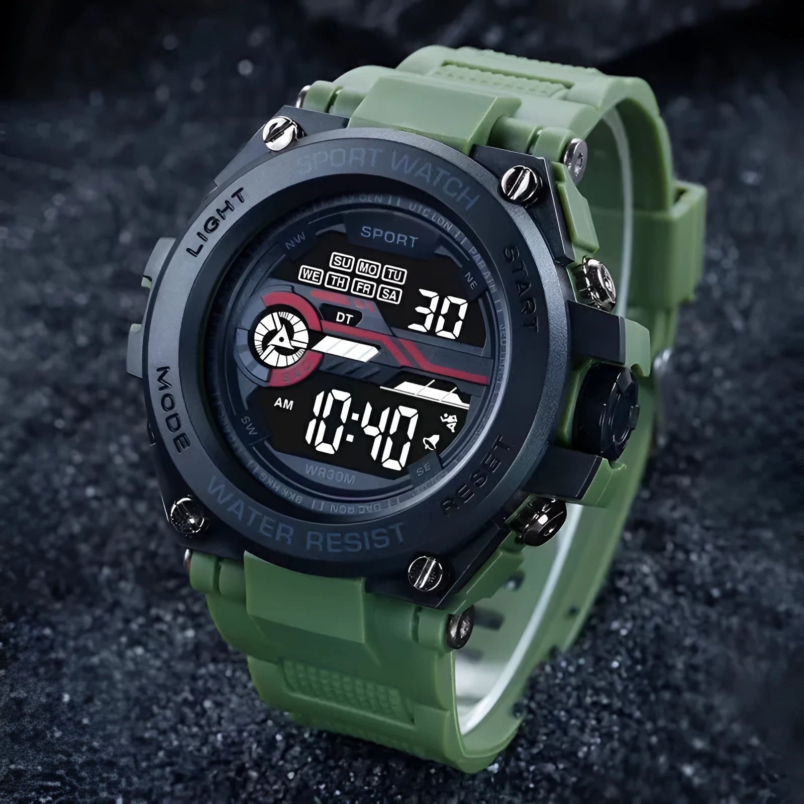 Digital electronic wristwatch for teenagers and students shown in one of ten available colour variations.