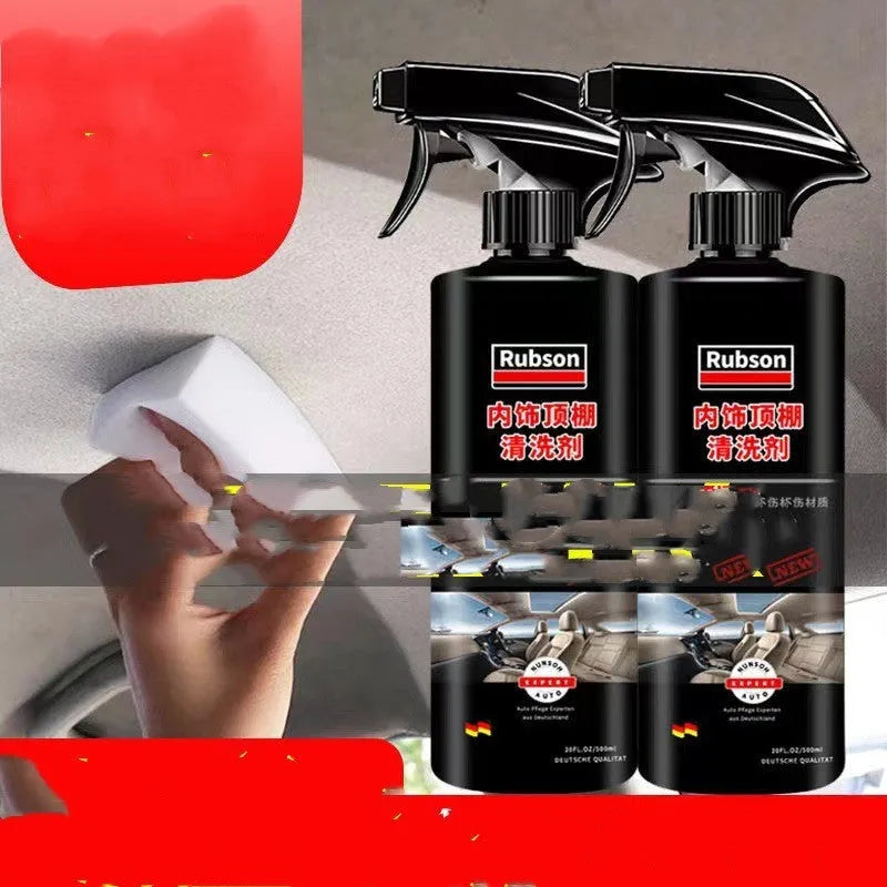 Wash-free fabric roof foam cleaner bottle with microfibre towel and sponge wipes for car interior cleaning.