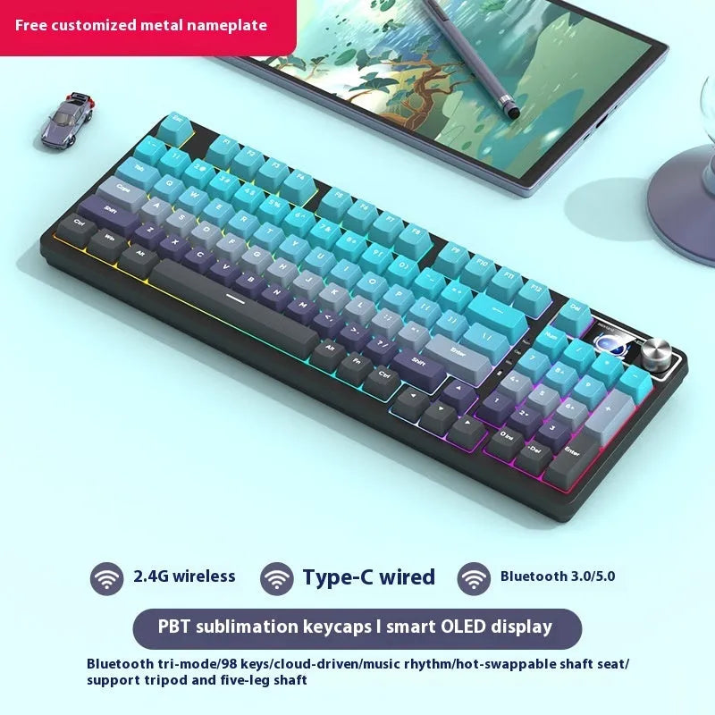 98 key wireless Bluetooth mechanical keyboard kit with metal knob on desk