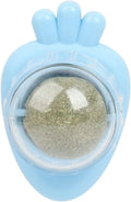Blue carrot-shaped catnip ball with self-adhesive backing for wall mounting to clean cat teeth