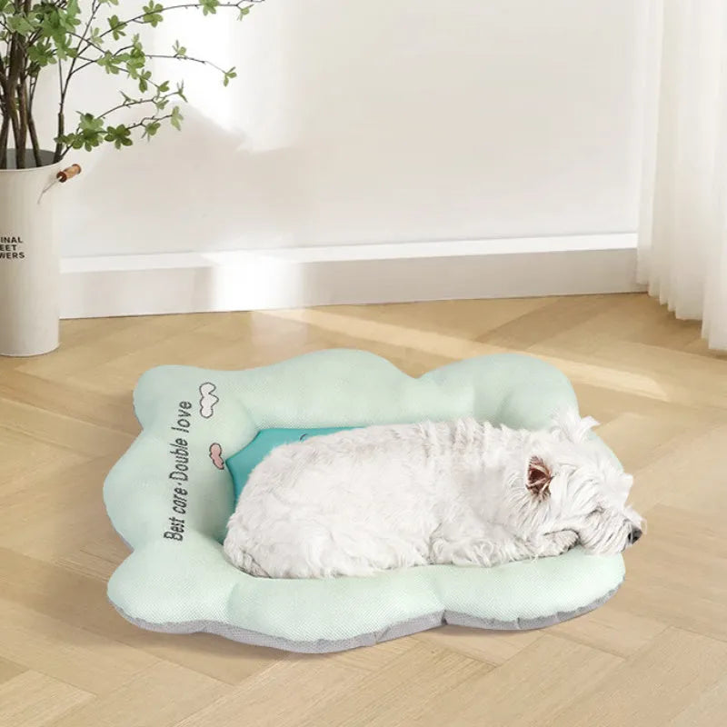 Green pet cooling mat for dogs and cats with ice silk surface and waterproof base.