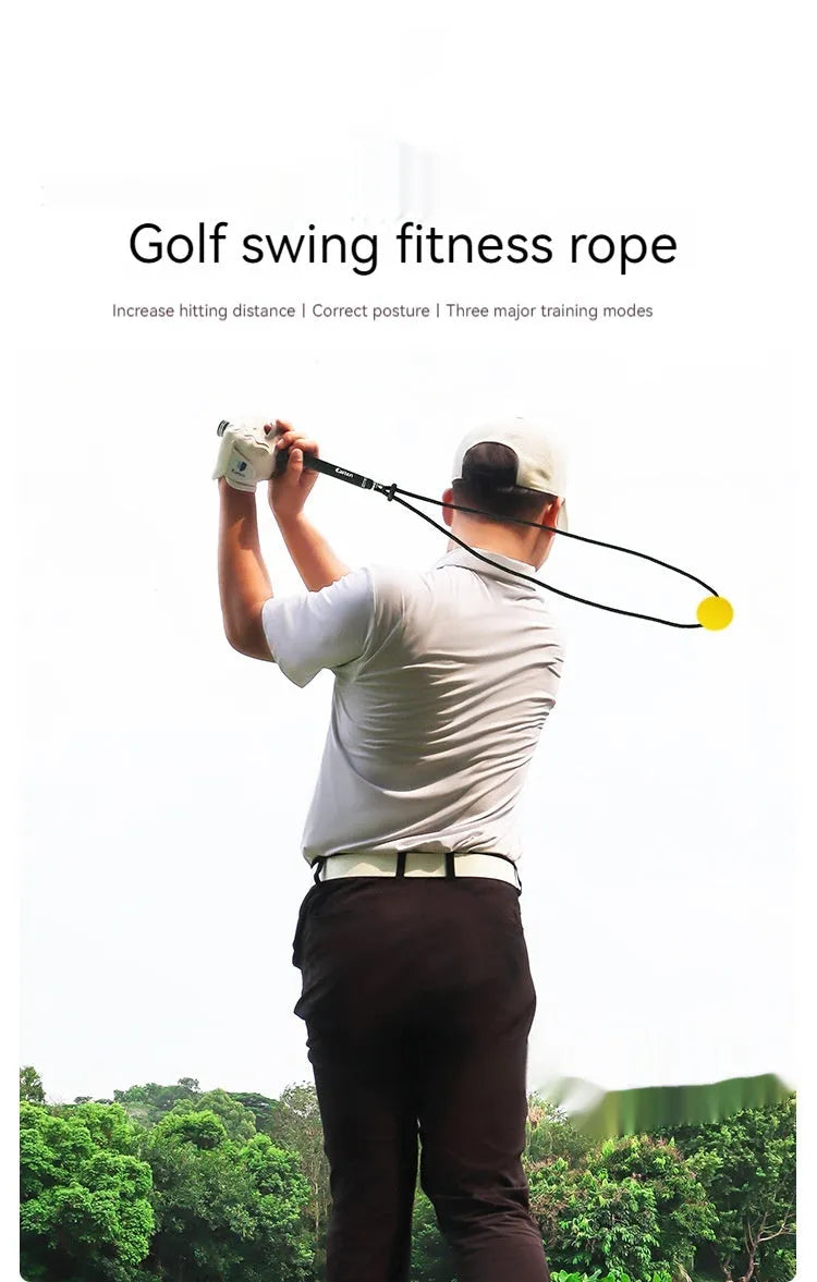 Black silicone elastic golf swing trainer rope for practice and correction drills.