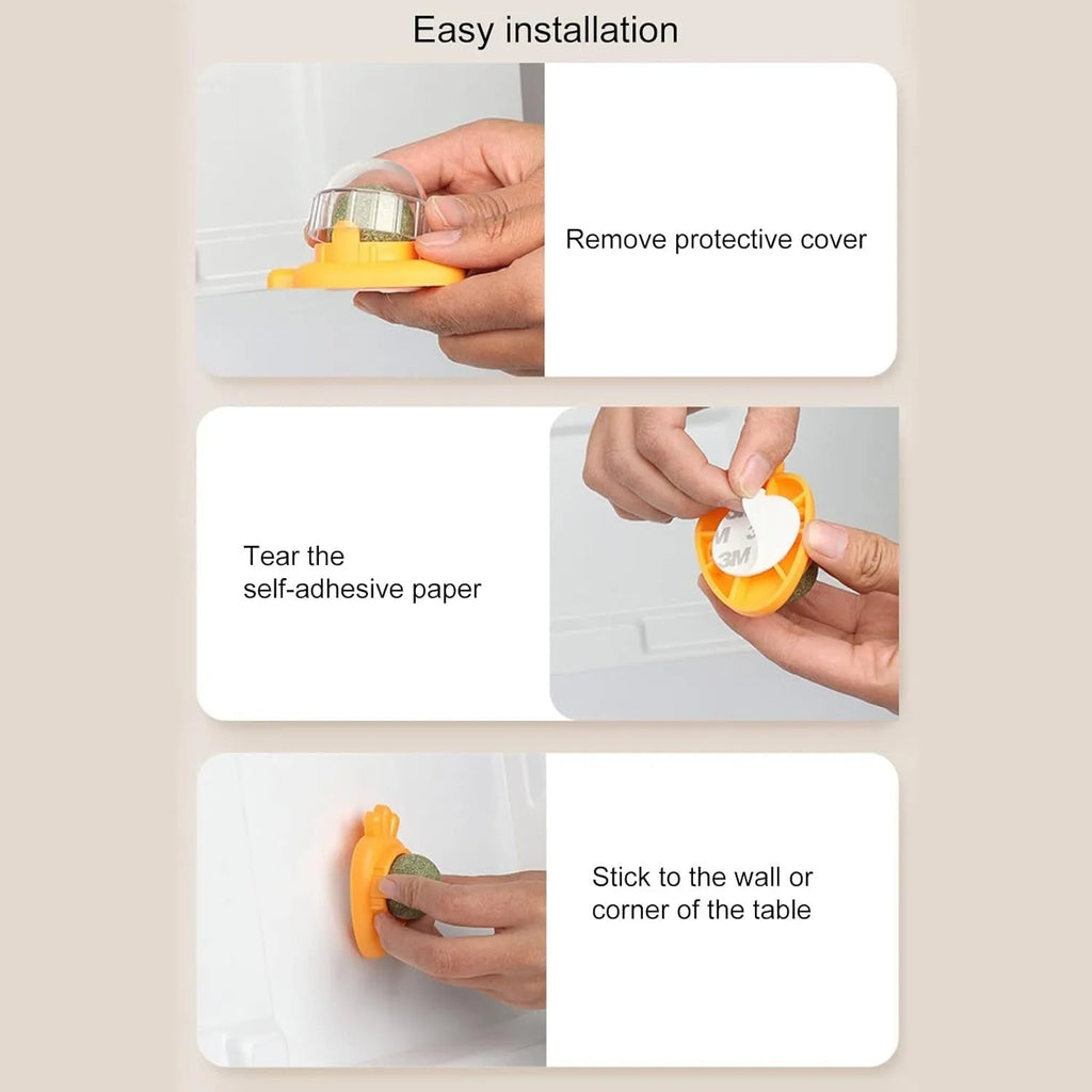 Blue carrot-shaped catnip ball with self-adhesive backing for wall mounting to clean cat teeth