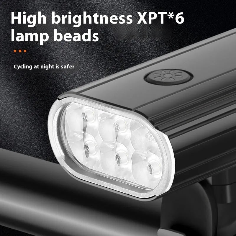 Silver aluminium alloy bicycle headlight showing USB Type-C charging port and six XPT lamp beads.