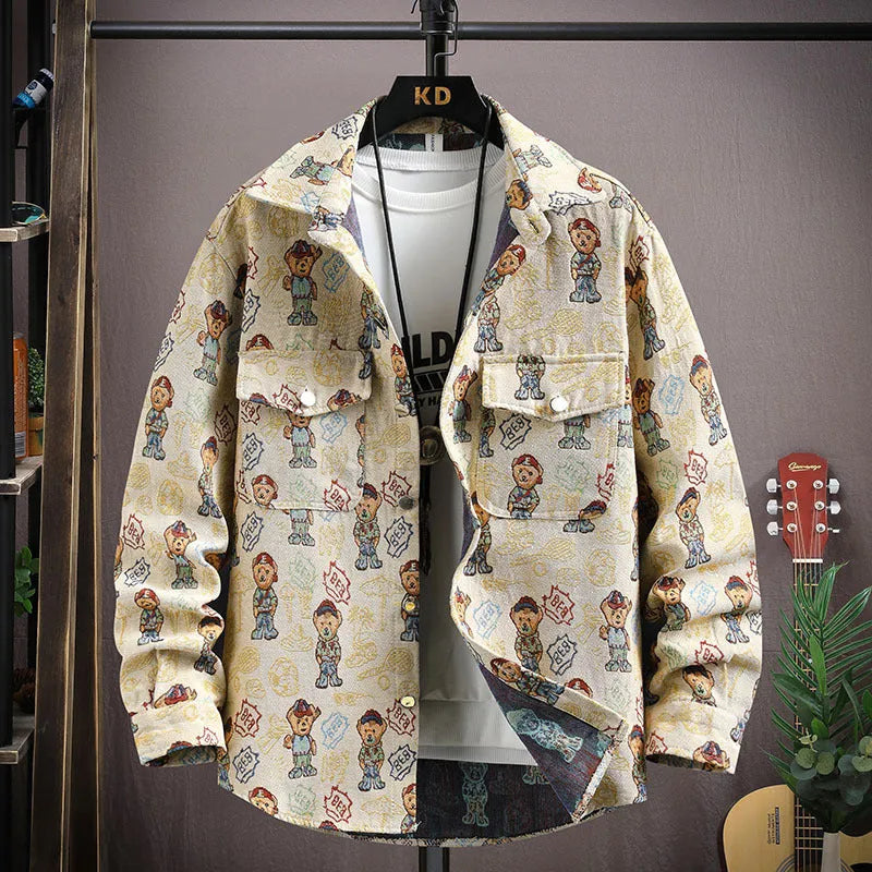 Casual lapel shirt coat in a colour-coded option like blue or black, showing long sleeves and straight hem.