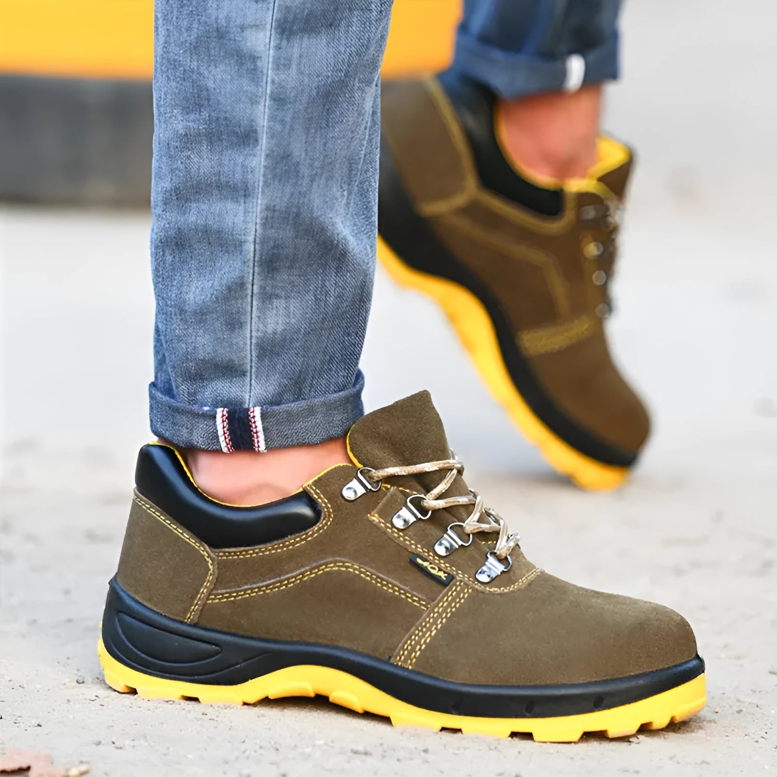 Bronze men's steel toe safety shoes with cow suede upper and patterned non-slip soles