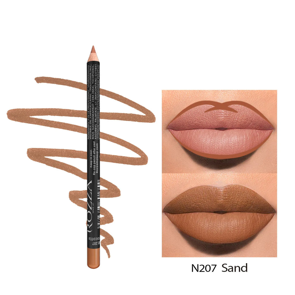 Matte finish lip liner pencil in a standard size, shown in one of fourteen available shade numbers.