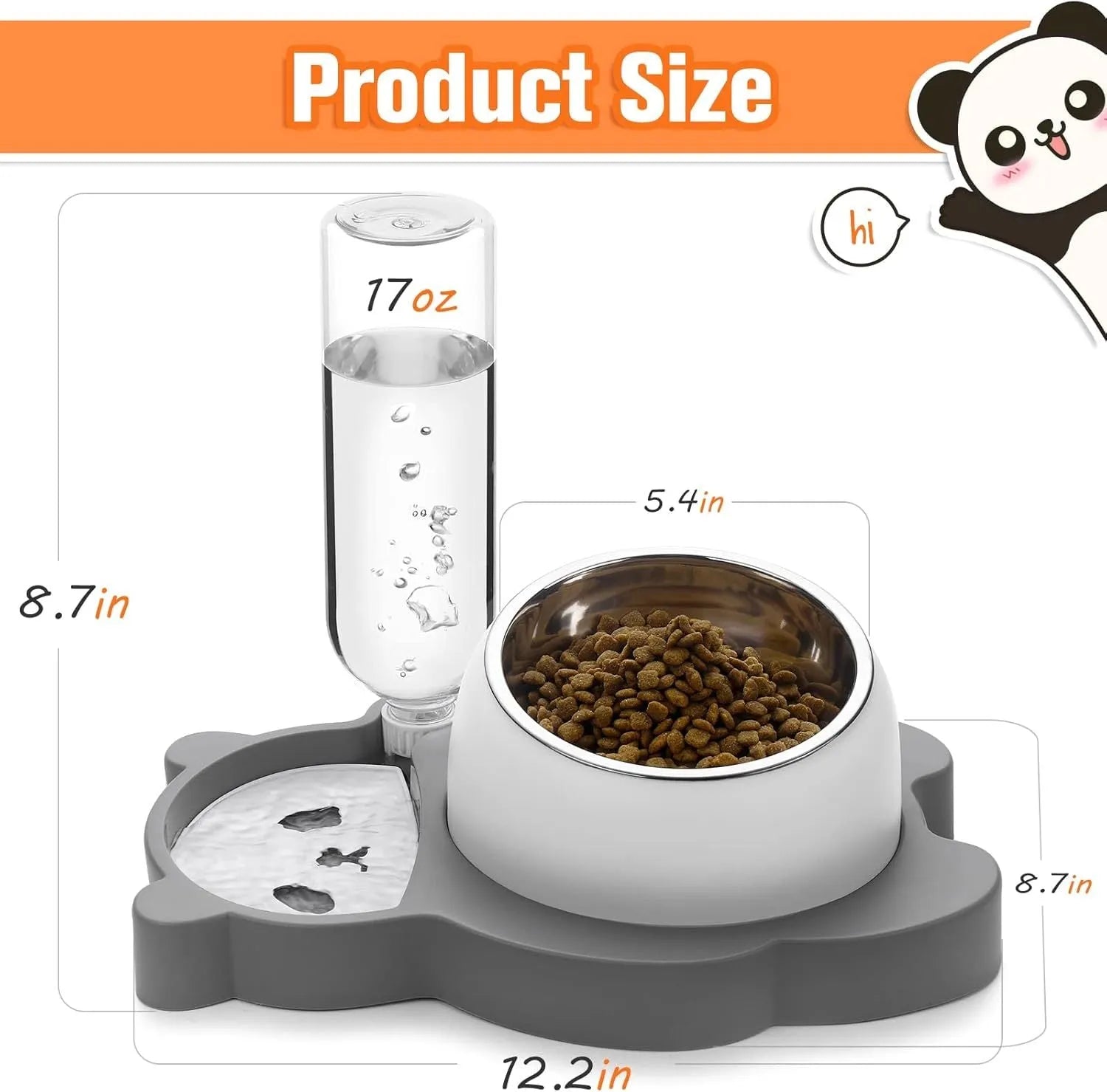 Grey panda-shaped automatic pet water dispenser with tilted stainless steel feeding bowls for cats and small dogs.