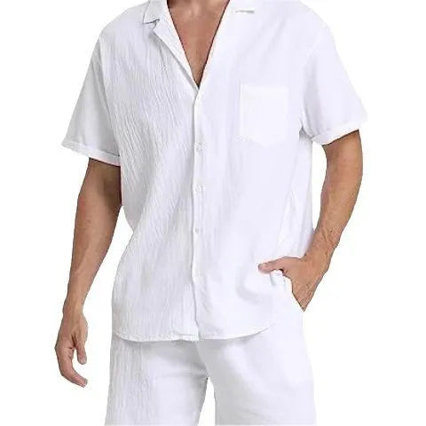 Men's summer sports shorts suit in cotton linen blend showing short-sleeved top and matching shorts