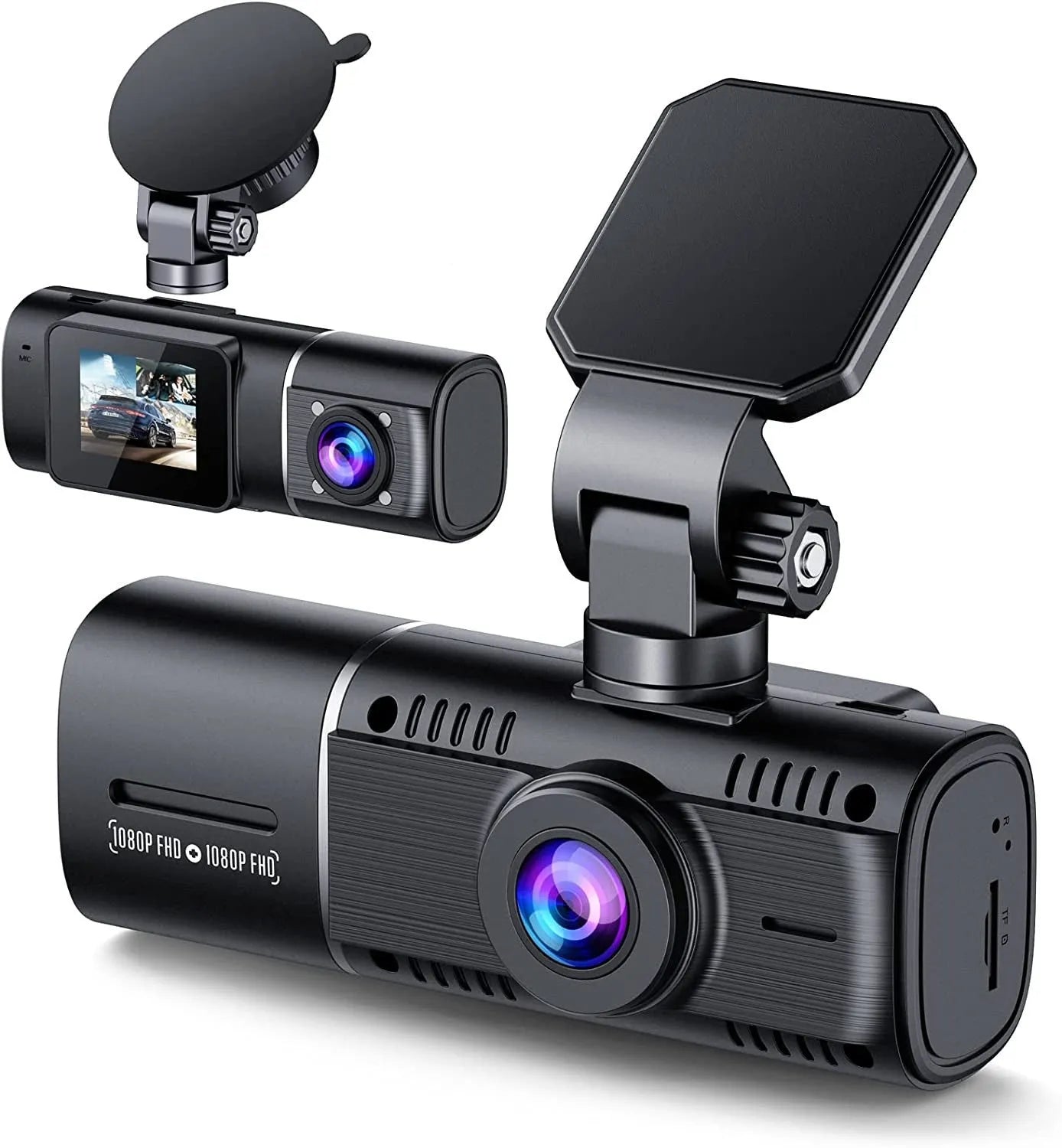 Standard black dash cam with 1.5-inch screen for front and rear 1080p recording with night vision