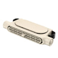 USB bladeless car fan with brushless motor on a car seat, showing Velcro mount and control button.