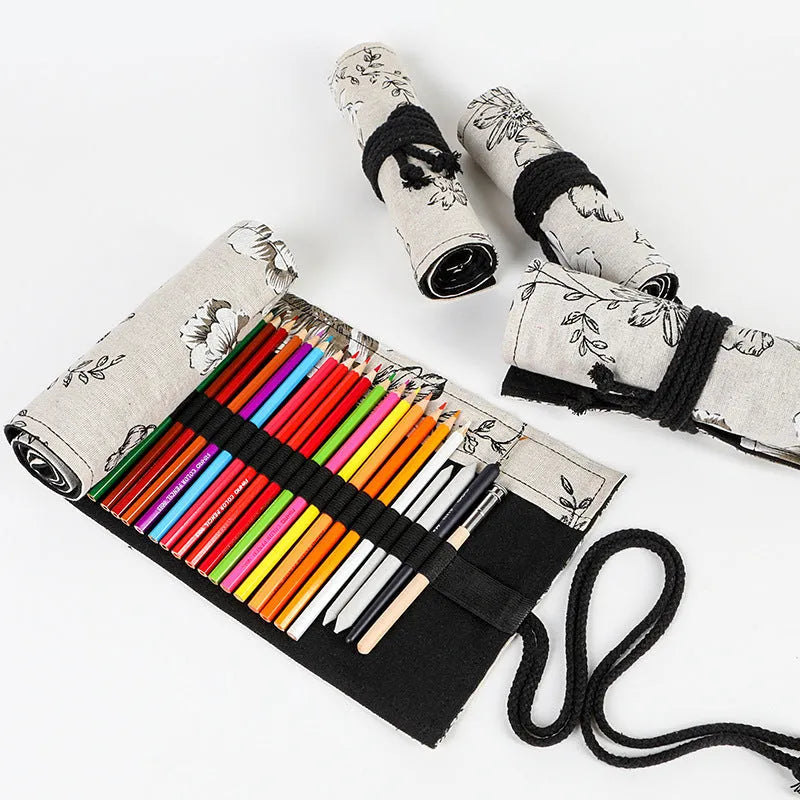 Black Peony cotton and hemp pencil curtain roll bag with 24 or 72 holes and printed canvas finish