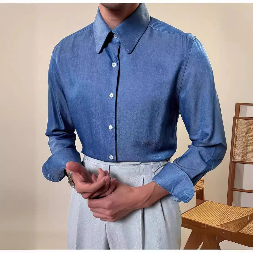 Men's slim fit long sleeve round collar shirt in light blue and dark blue colour options