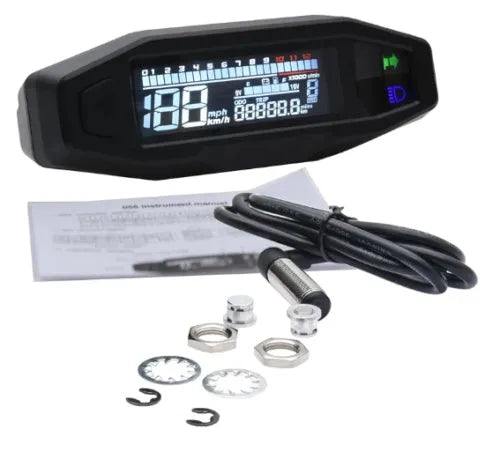 Black motorcycle mini speedometer with LCD display showing speedometer, odometer, tachometer and fuel gauge functions