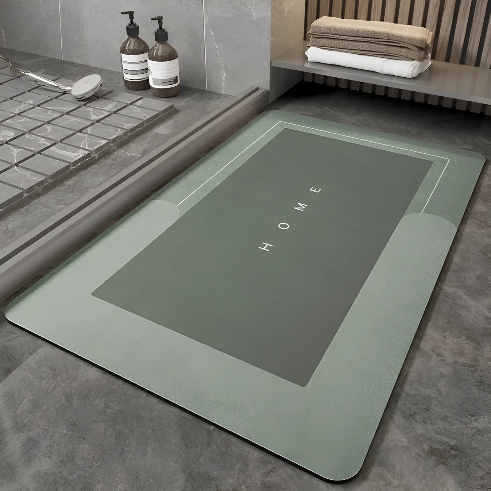 Blue oval blended fabric bathroom floor mat placed on tiled floor.