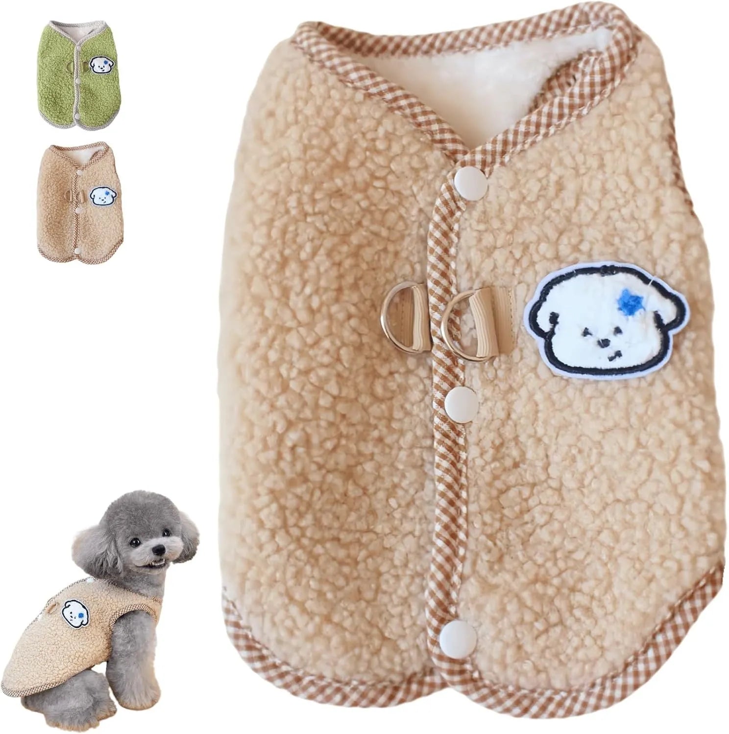 Green coral fleece dog sweatshirt vest with leash ring for small dogs in size medium