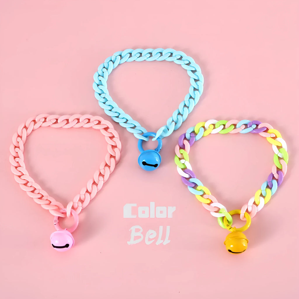 Plastic macaron candy colour chain-style pet collar for cats and dogs in blue, pink, and mixed colours.