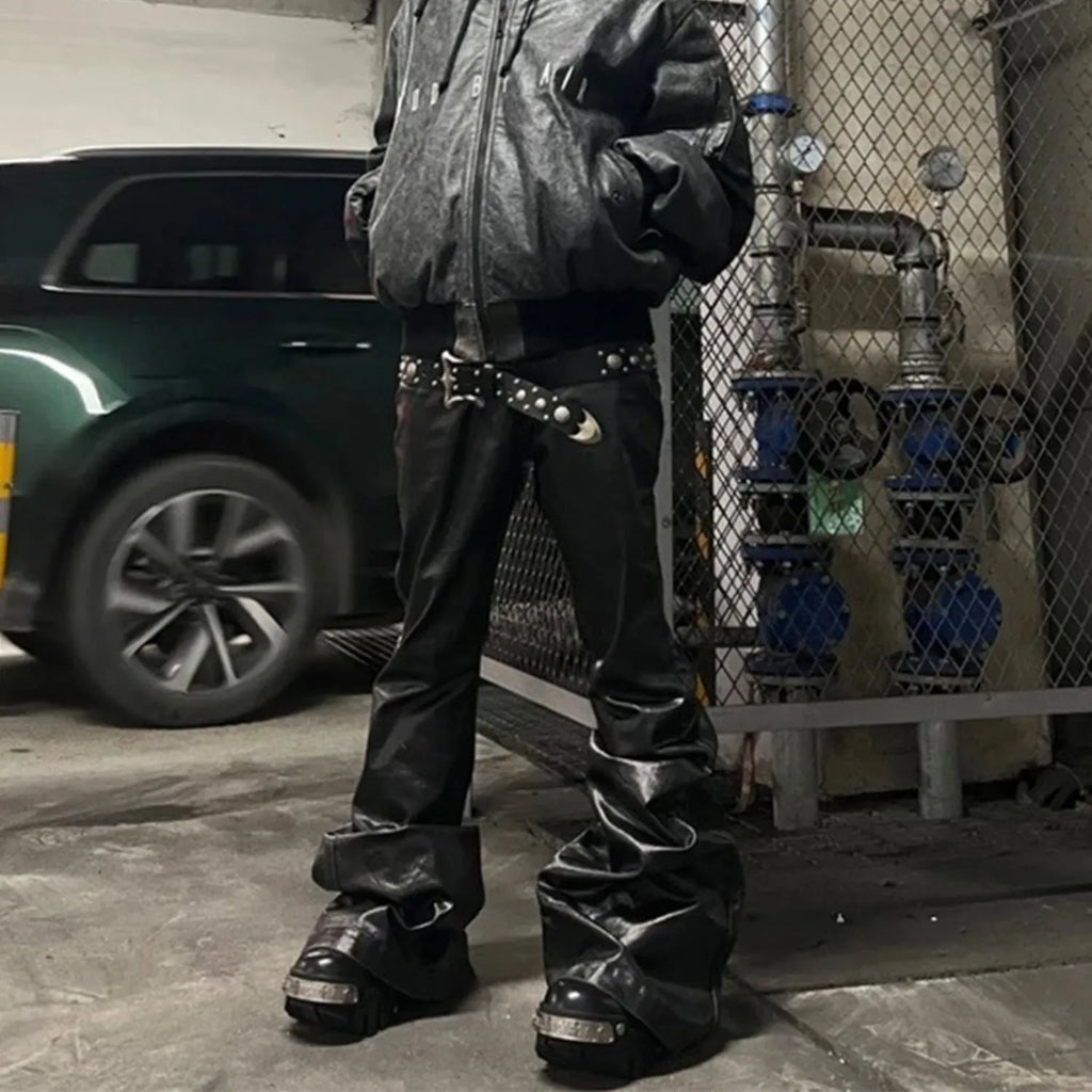 Black shiny patent leather effect skinny jeans with a straight leg and mid waist.