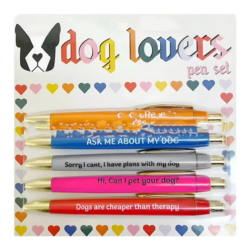 Five automatic push-action pens with cat and dog design refills in a beaded pouch