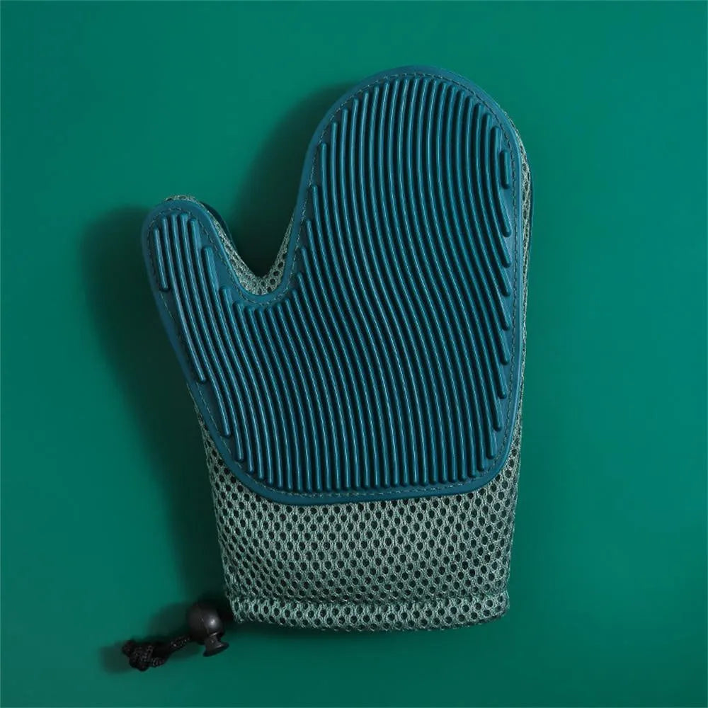 Pet grooming glove in dark blue, light green or yellow for removing cat and dog hair during bathing