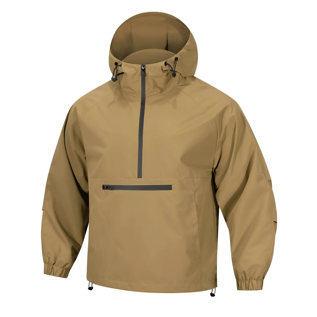 Men's light gray corduroy half-zip hooded sweater jacket showing Korean-style loose fit and rabbit fur composition