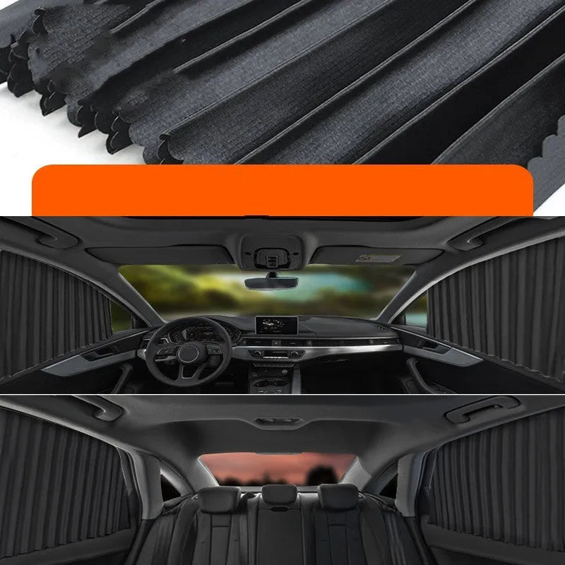 Retractable car sun curtain extended across windscreen with roller shutter mechanism visible.