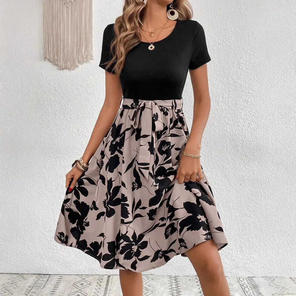 Women's casual dress with plant and flower printing pattern, lace-up details, and shoulder straps