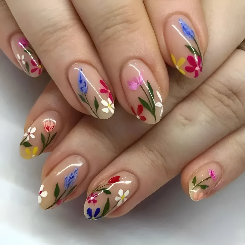 Almond-shaped false nails with rose and tulip floral designs in European and American styles