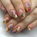 Almond-shaped false nails with rose and tulip floral designs in European and American styles