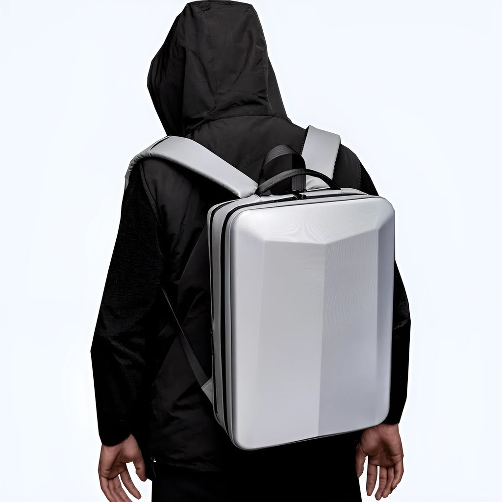 Black and silver white men's waterproof business backpack with curved straps