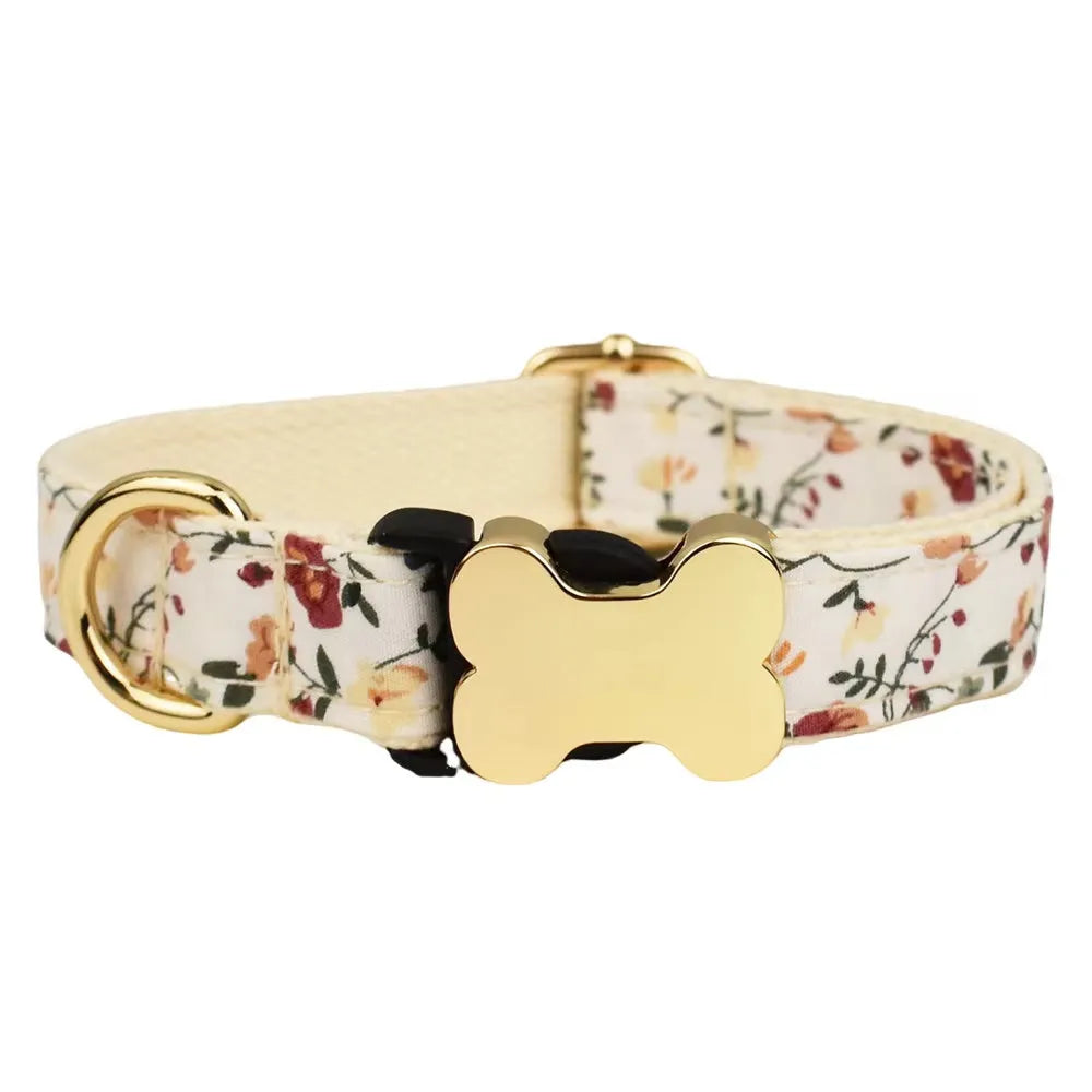 Flat nylon dog collar with printed grid pattern and bone-shaped buckle in multiple colour options